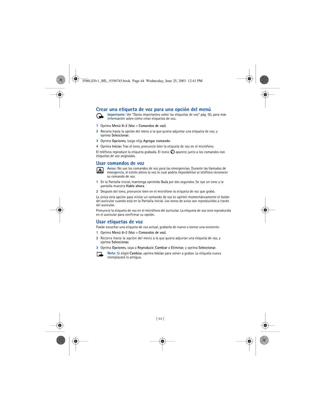 Nokia 3586I manual Crear una etiqueta de voz para una opción del menú, Usar comandos de voz, Usar etiquetas de voz 