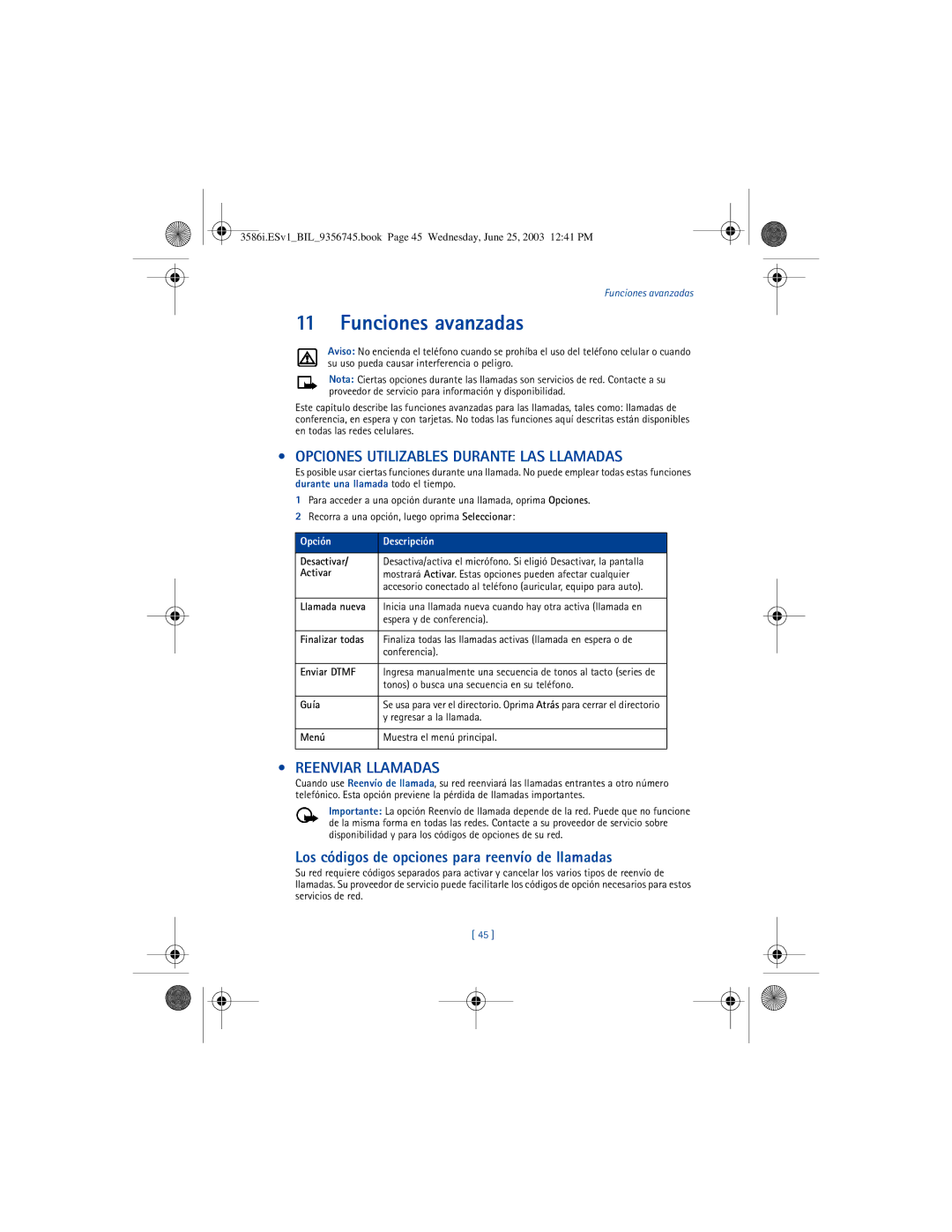 Nokia 3586I manual Funciones avanzadas, Opciones Utilizables Durante LAS Llamadas, Reenviar Llamadas 