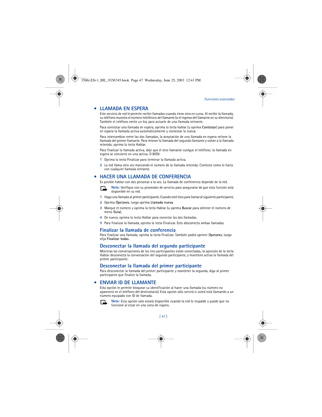 Nokia 3586I manual Llamada EN Espera, Hacer UNA Llamada DE Conferencia, Enviar ID DE Llamante 