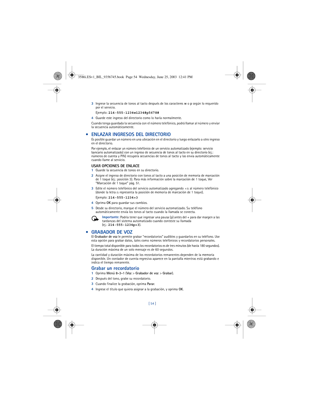 Nokia 3586I manual Enlazar Ingresos DEL Directorio, Grabador DE VOZ, Grabar un recordatorio, Usar Opciones DE Enlace 