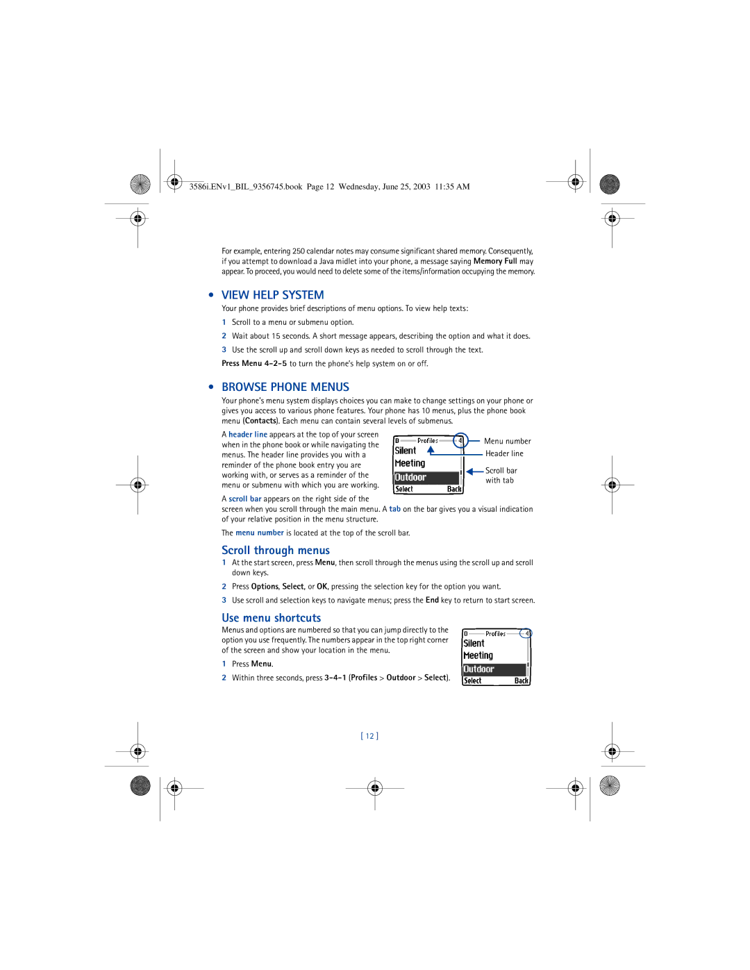 Nokia 3586I manual View Help System, Browse Phone Menus, Scroll through menus, Use menu shortcuts, Menu number Header line 