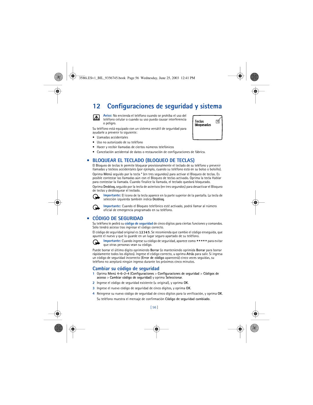 Nokia 3586I manual Configuraciones de seguridad y sistema, Bloquear EL Teclado Bloqueo DE Teclas, Código DE Seguridad 