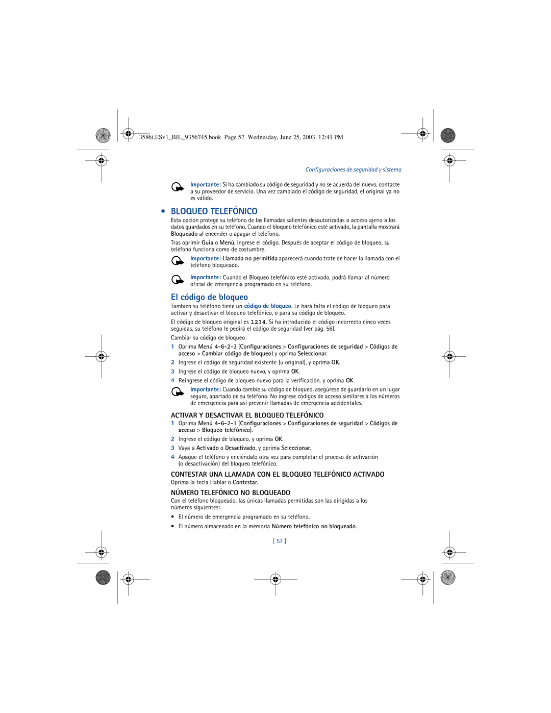 Nokia 3586I manual El código de bloqueo, Activar Y Desactivar EL Bloqueo Telefónico, Número Telefónico no Bloqueado 