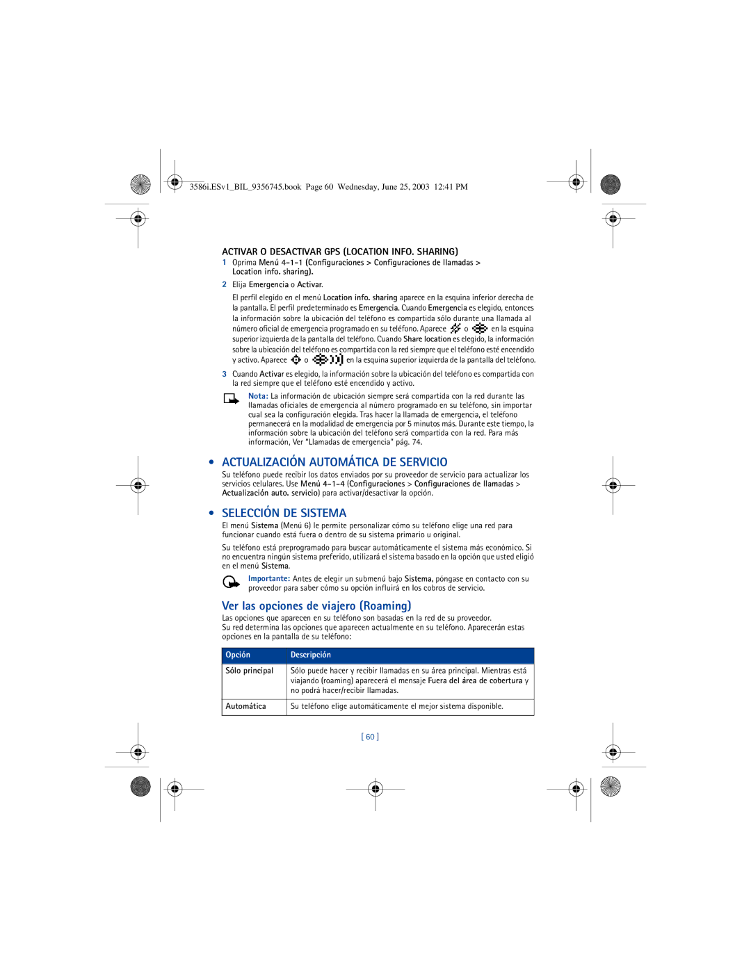 Nokia 3586I manual Actualización Automática DE Servicio, Selección DE Sistema, Ver las opciones de viajero Roaming 