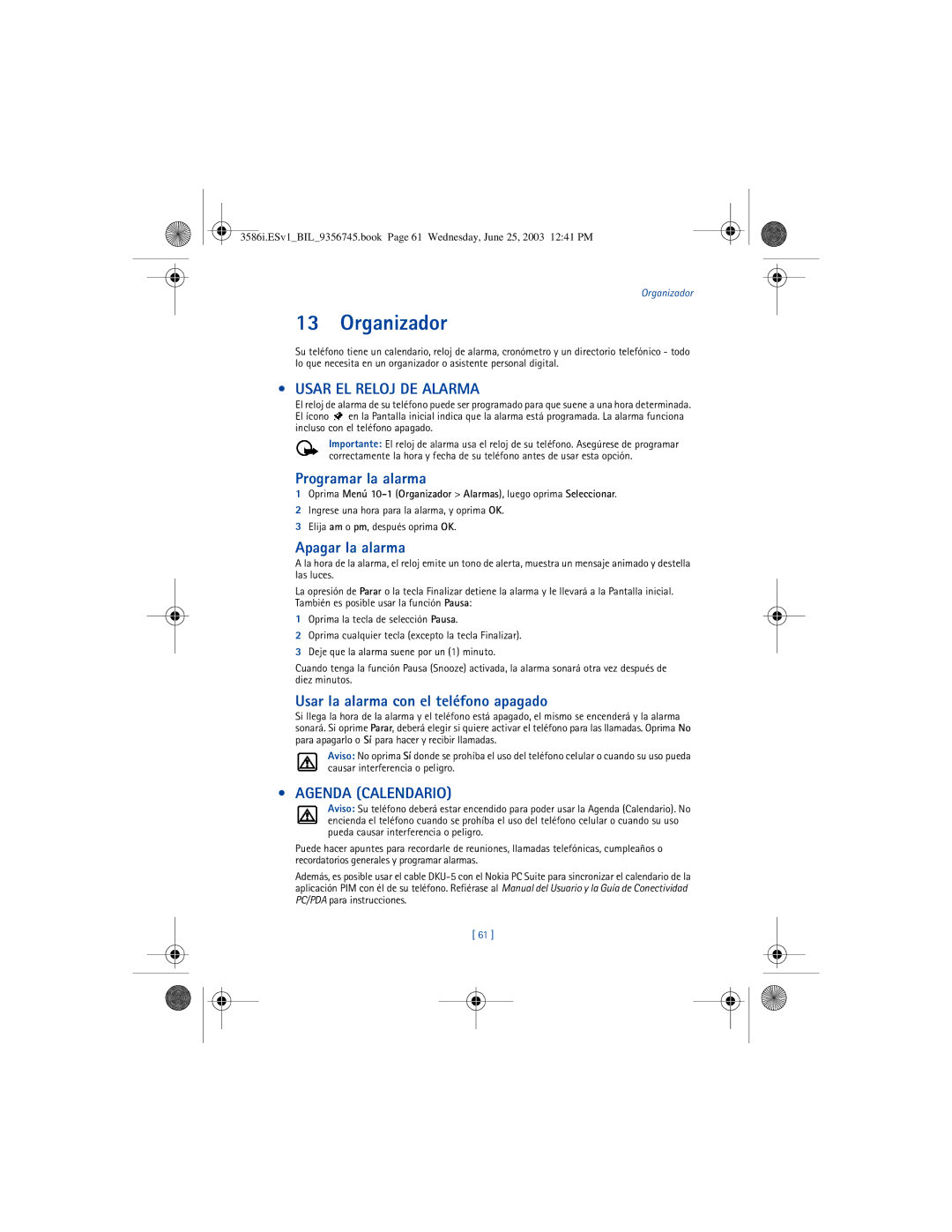 Nokia 3586I manual Organizador, Usar EL Reloj DE Alarma, Agenda Calendario 