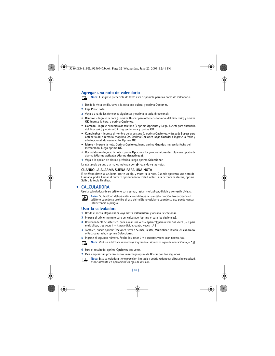 Nokia 3586I manual Agregar una nota de calendario, Calculadora, Usar la calculadora, Cuando LA Alarma Suena Para UNA Nota 