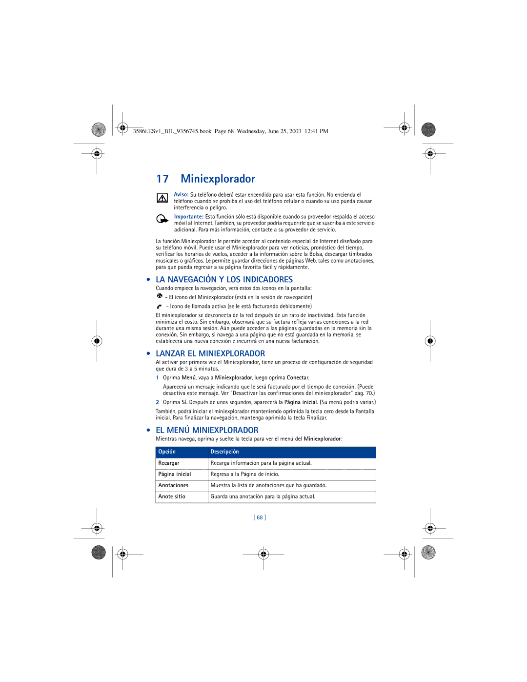 Nokia 3586I manual LA Navegación Y LOS Indicadores, Lanzar EL Miniexplorador, EL Menú Miniexplorador 