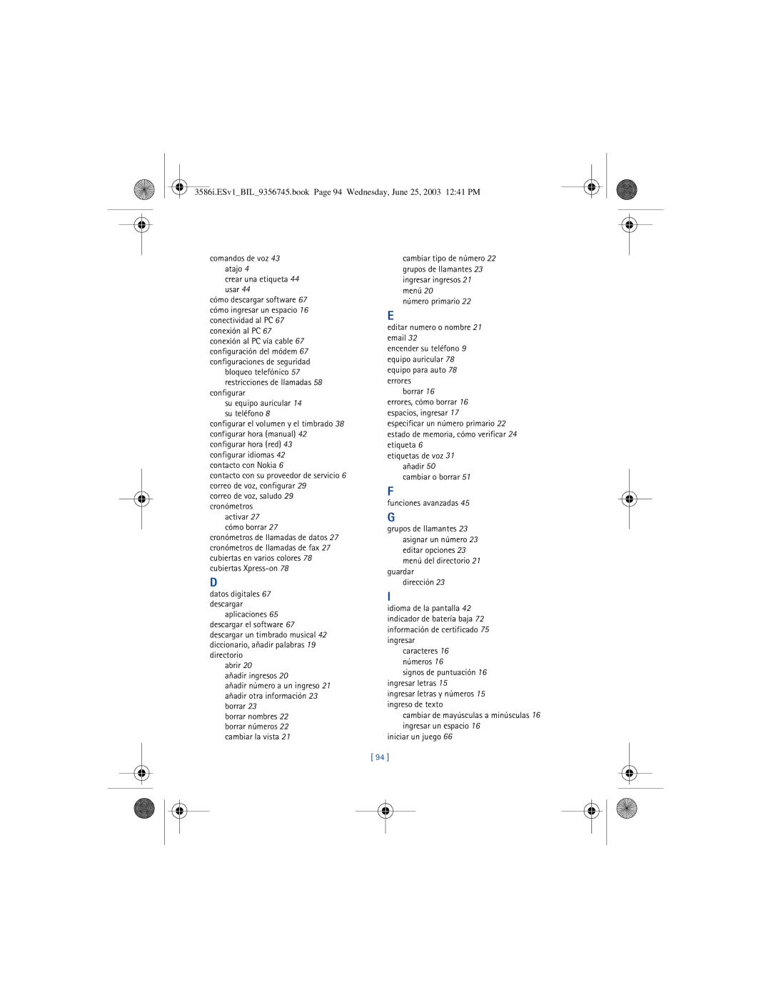 Nokia 3586I manual Comandos de voz 43 atajo Crear una etiqueta 44 usar, Configurar Su equipo auricular 14 su teléfono 