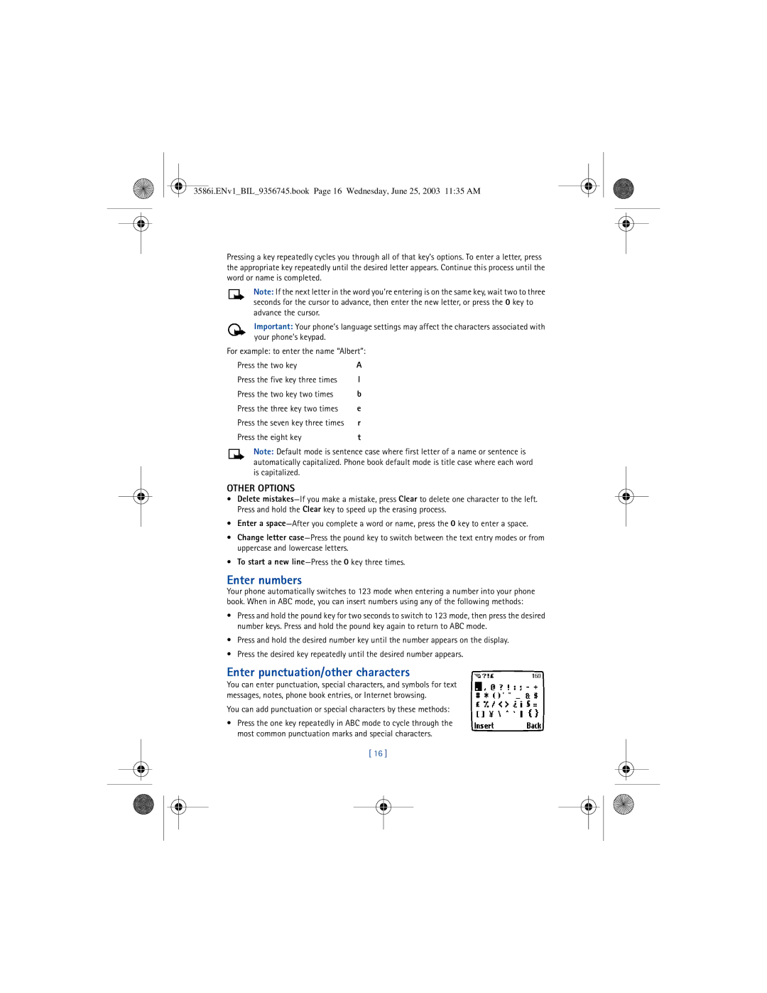 Nokia 3586I manual Enter numbers, Enter punctuation/other characters, Other Options, Press the eight key 