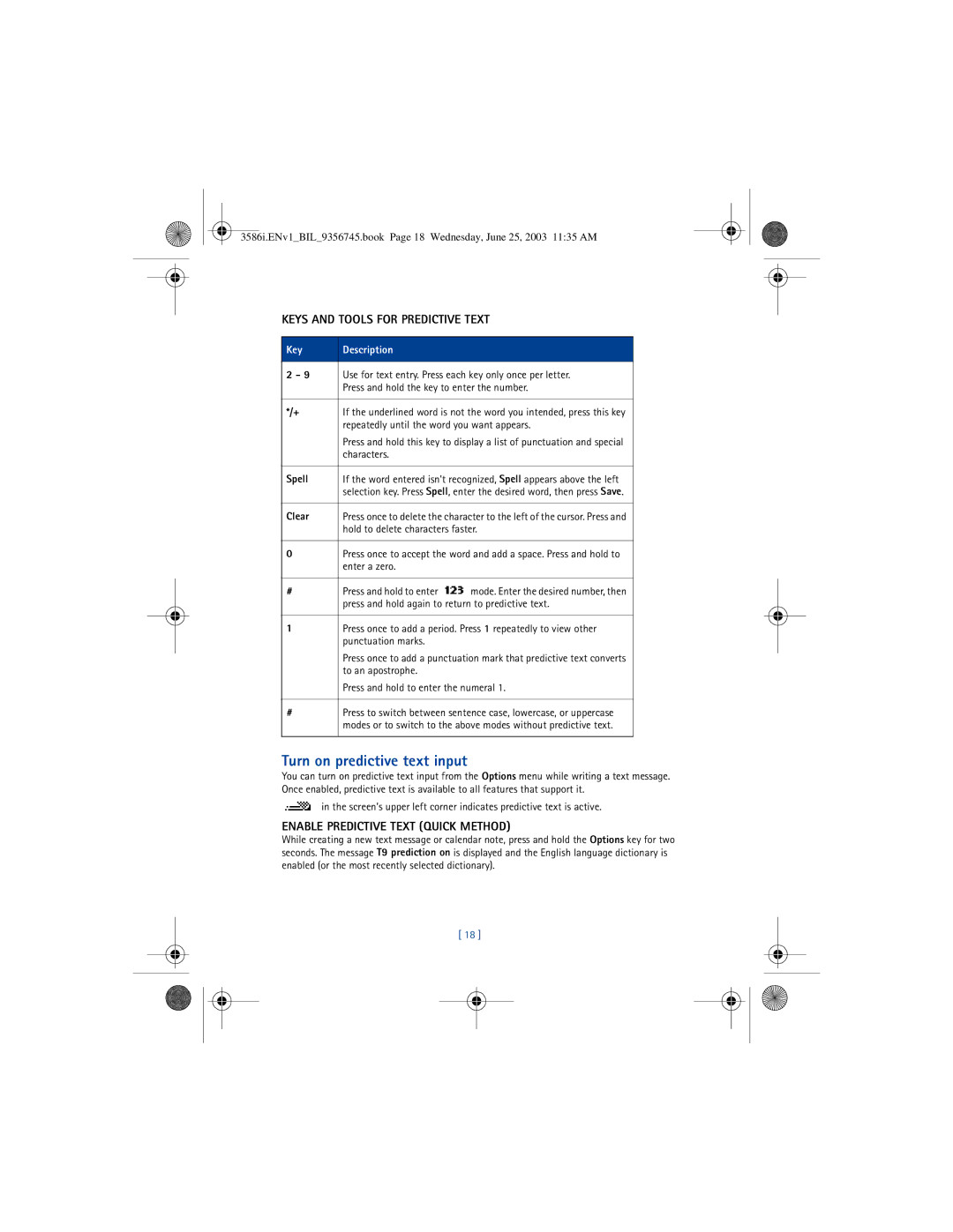 Nokia 3586I Turn on predictive text input, Keys and Tools for Predictive Text, Enable Predictive Text Quick Method, Spell 