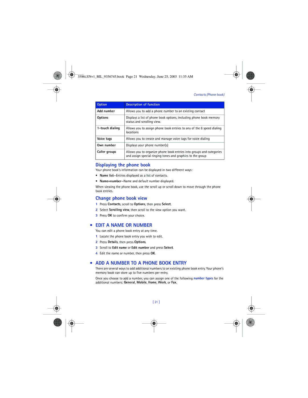 Nokia 3586I Displaying the phone book, Change phone book view, Edit a Name or Number, ADD a Number to a Phone Book Entry 