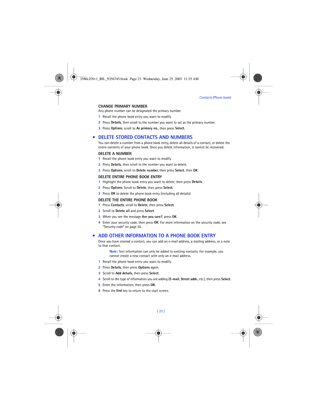 Nokia 3586I manual Delete Stored Contacts and Numbers, ADD Other Information to a Phone Book Entry 