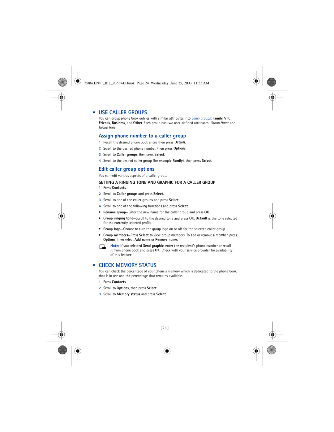 Nokia 3586I manual USE Caller Groups, Assign phone number to a caller group, Edit caller group options, Check Memory Status 