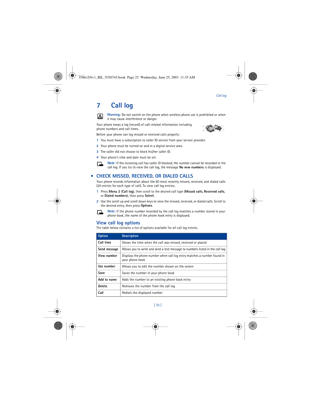 Nokia 3586I manual Call log, Check MISSED, RECEIVED, or Dialed Calls, View call log options, Option Description 