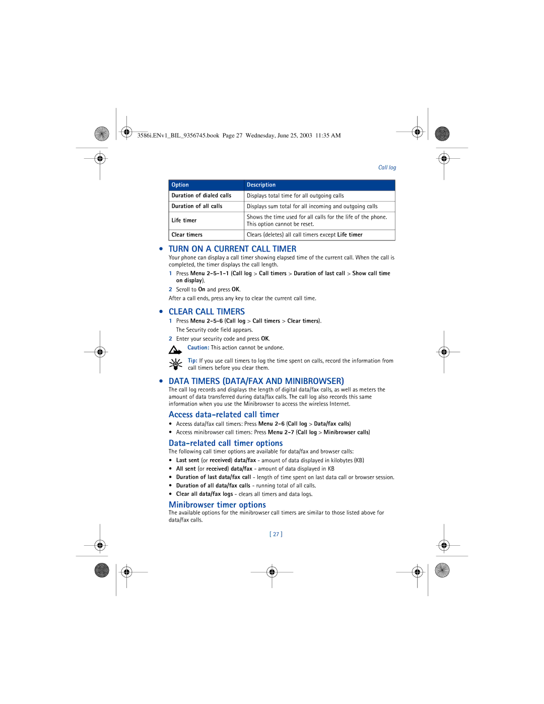 Nokia 3586I manual Turn on a Current Call Timer, Clear Call Timers, Data Timers DATA/FAX and Minibrowser 