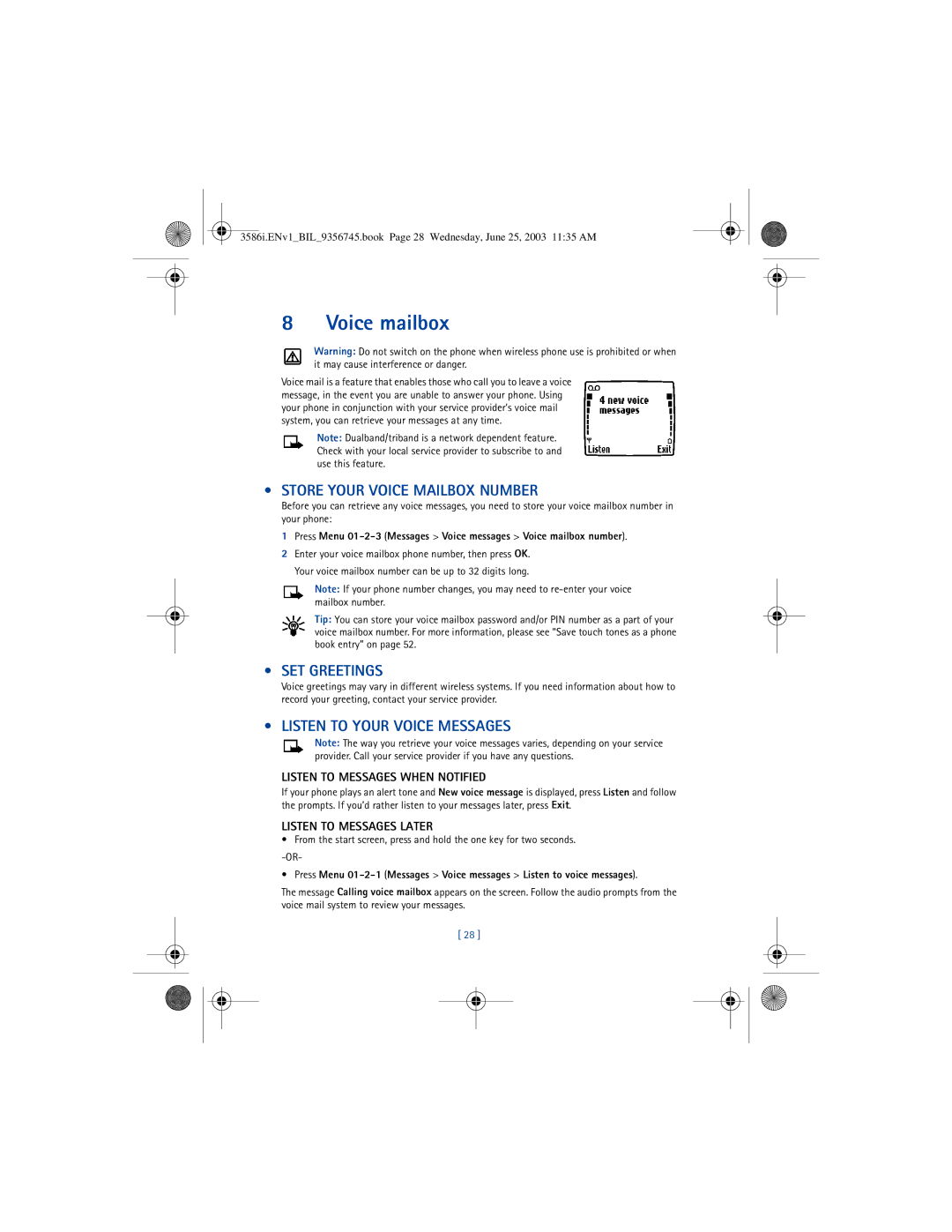 Nokia 3586I manual Voice mailbox, Store Your Voice Mailbox Number, SET Greetings, Listen to Your Voice Messages 