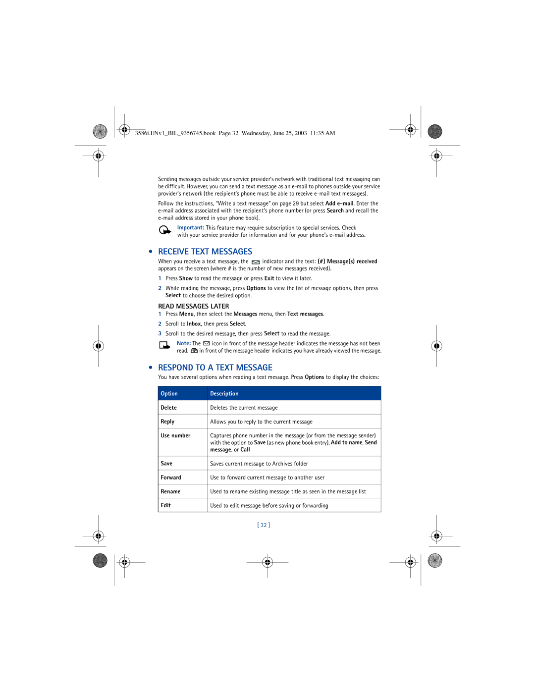 Nokia 3586I manual Receive Text Messages, Respond to a Text Message, Read Messages Later, Message , or Call 