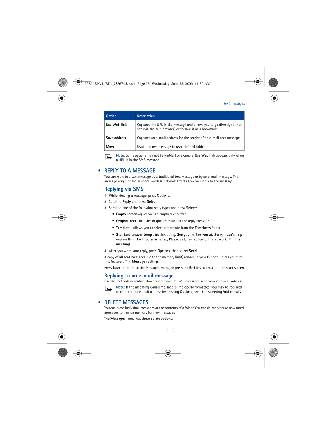 Nokia 3586I manual Reply to a Message, Replying via SMS, Replying to an e-mail message, Delete Messages 