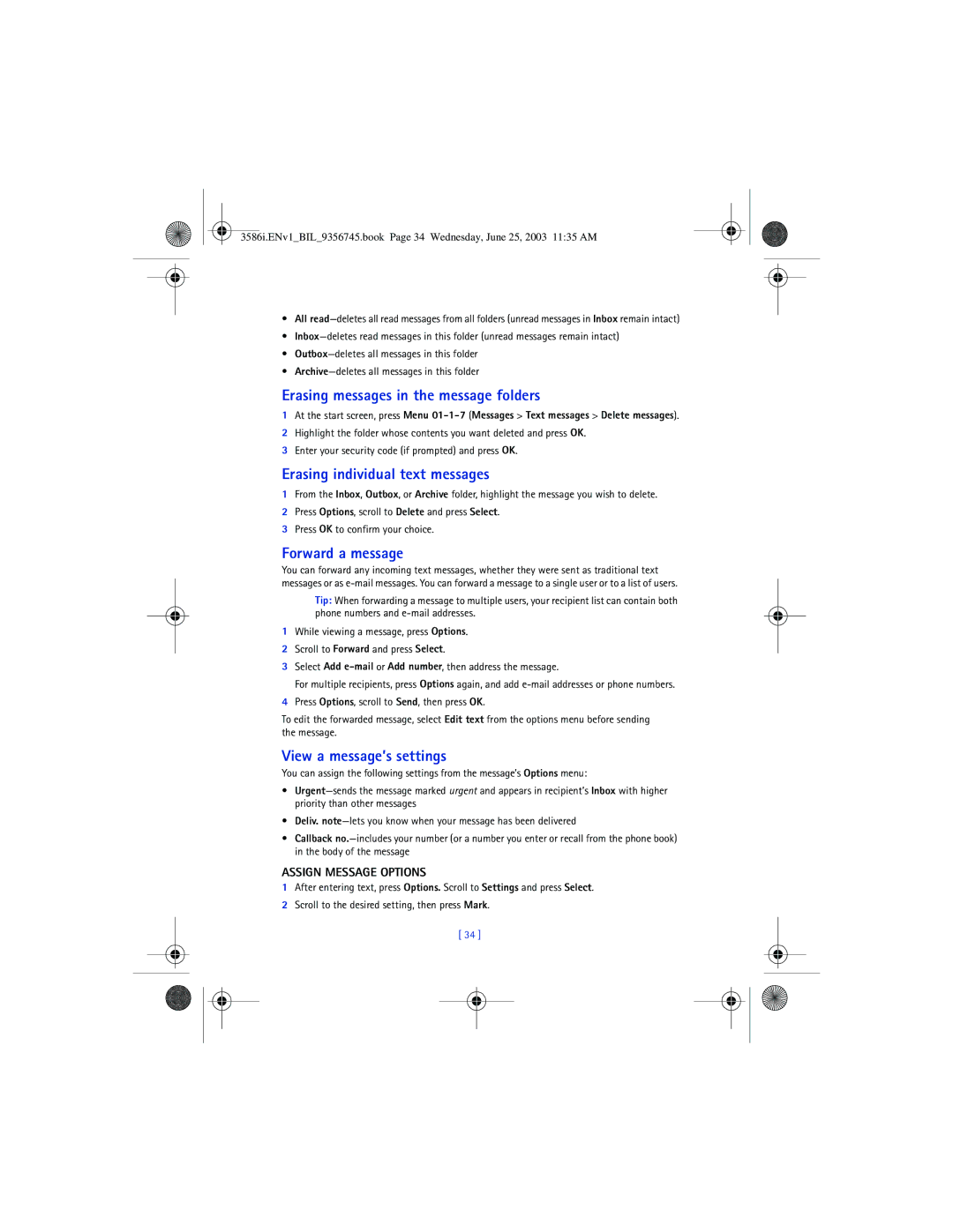 Nokia 3586I manual Erasing messages in the message folders, Erasing individual text messages, Forward a message 