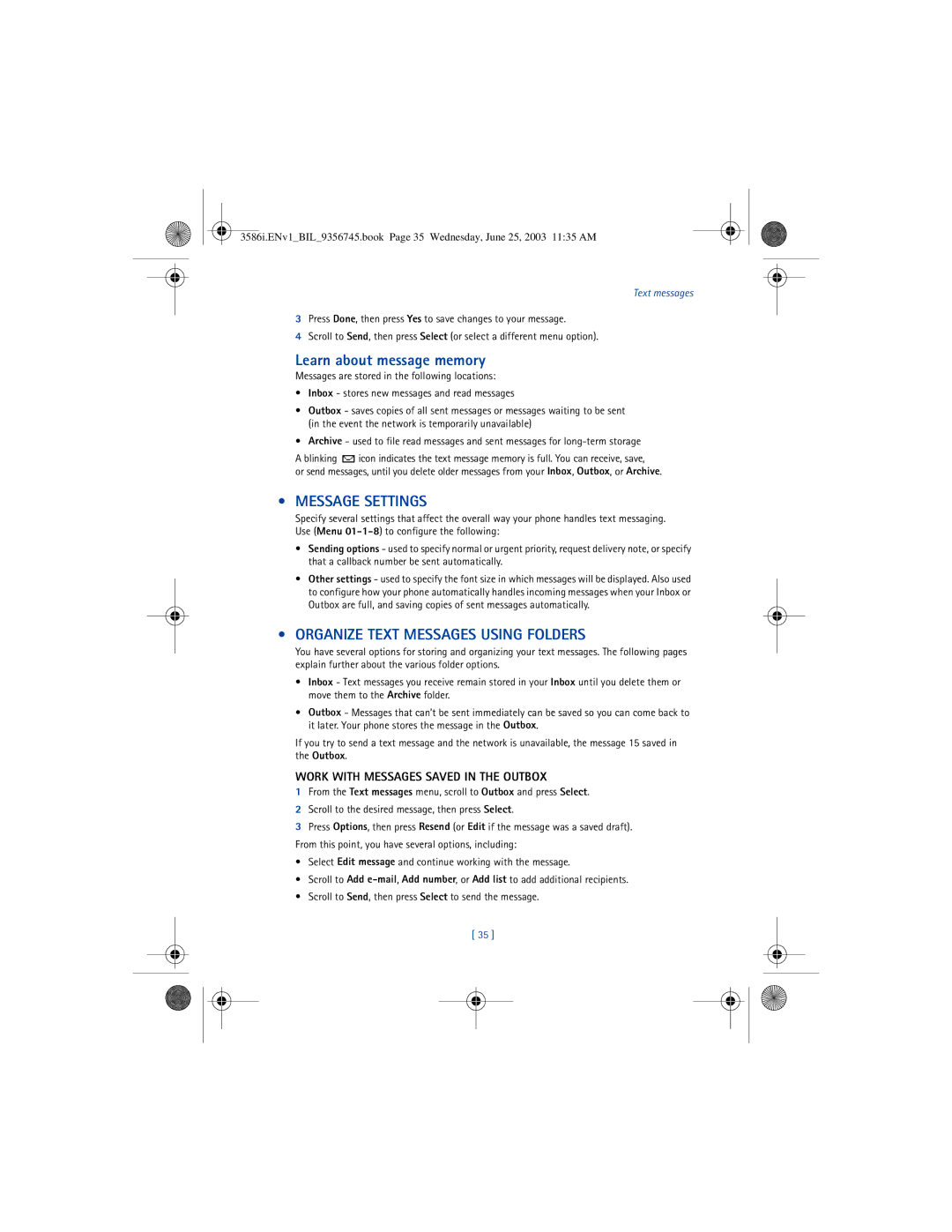 Nokia 3586I manual Learn about message memory, Message Settings, Organize Text Messages Using Folders 