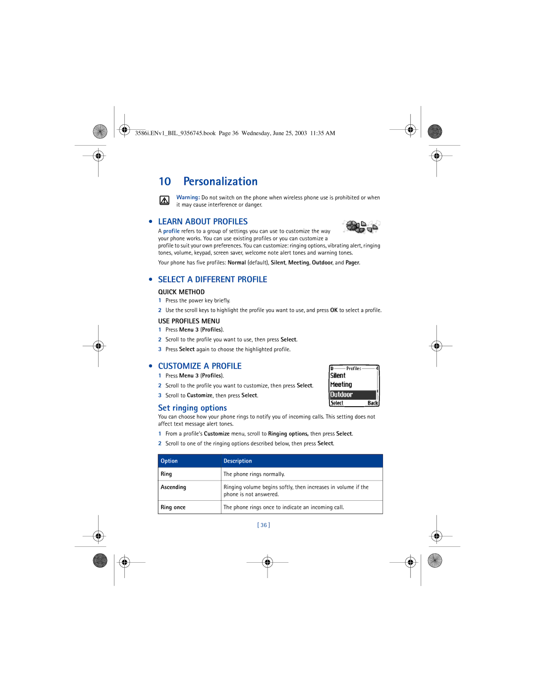 Nokia 3586I Personalization, Learn about Profiles, Select a Different Profile, Customize a Profile, Set ringing options 