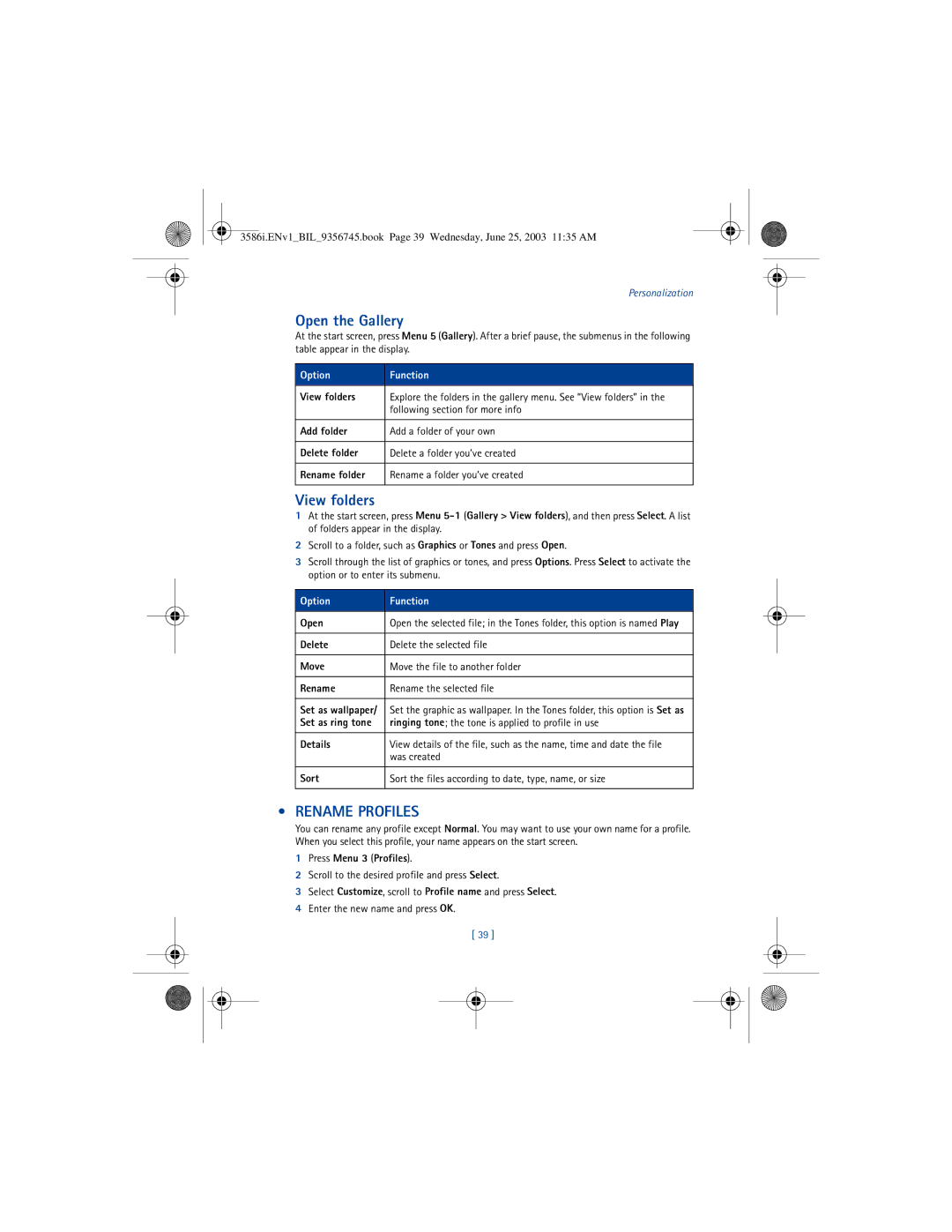 Nokia 3586I manual Open the Gallery, View folders, Rename Profiles, Option Function 