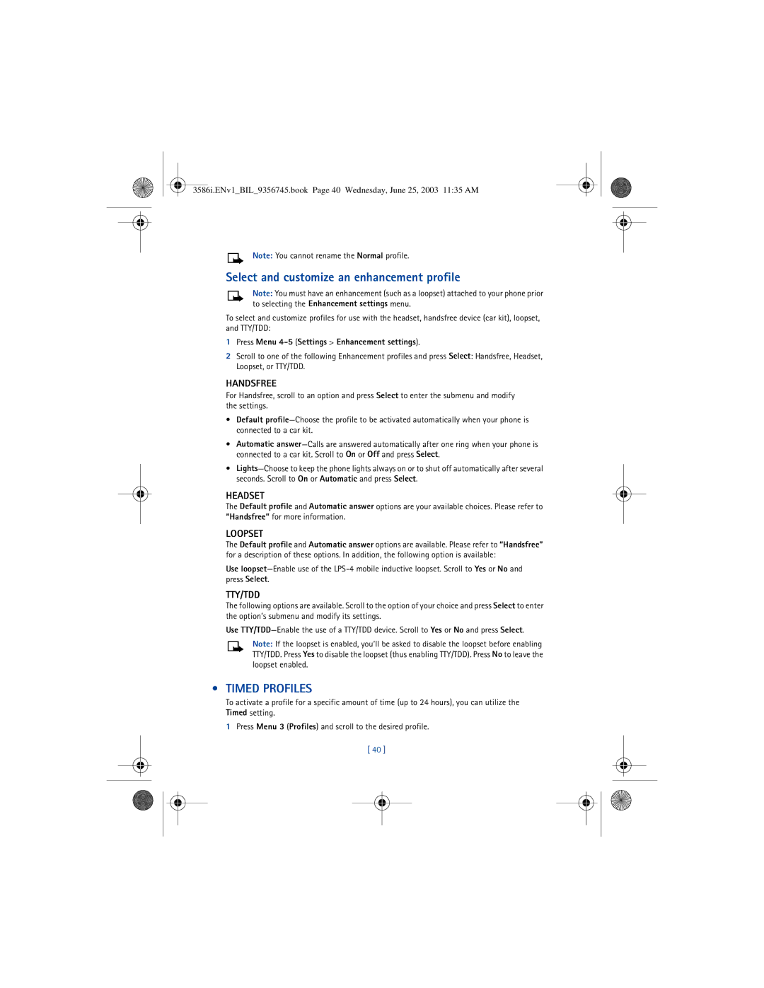 Nokia 3586I manual Select and customize an enhancement profile, Timed Profiles 