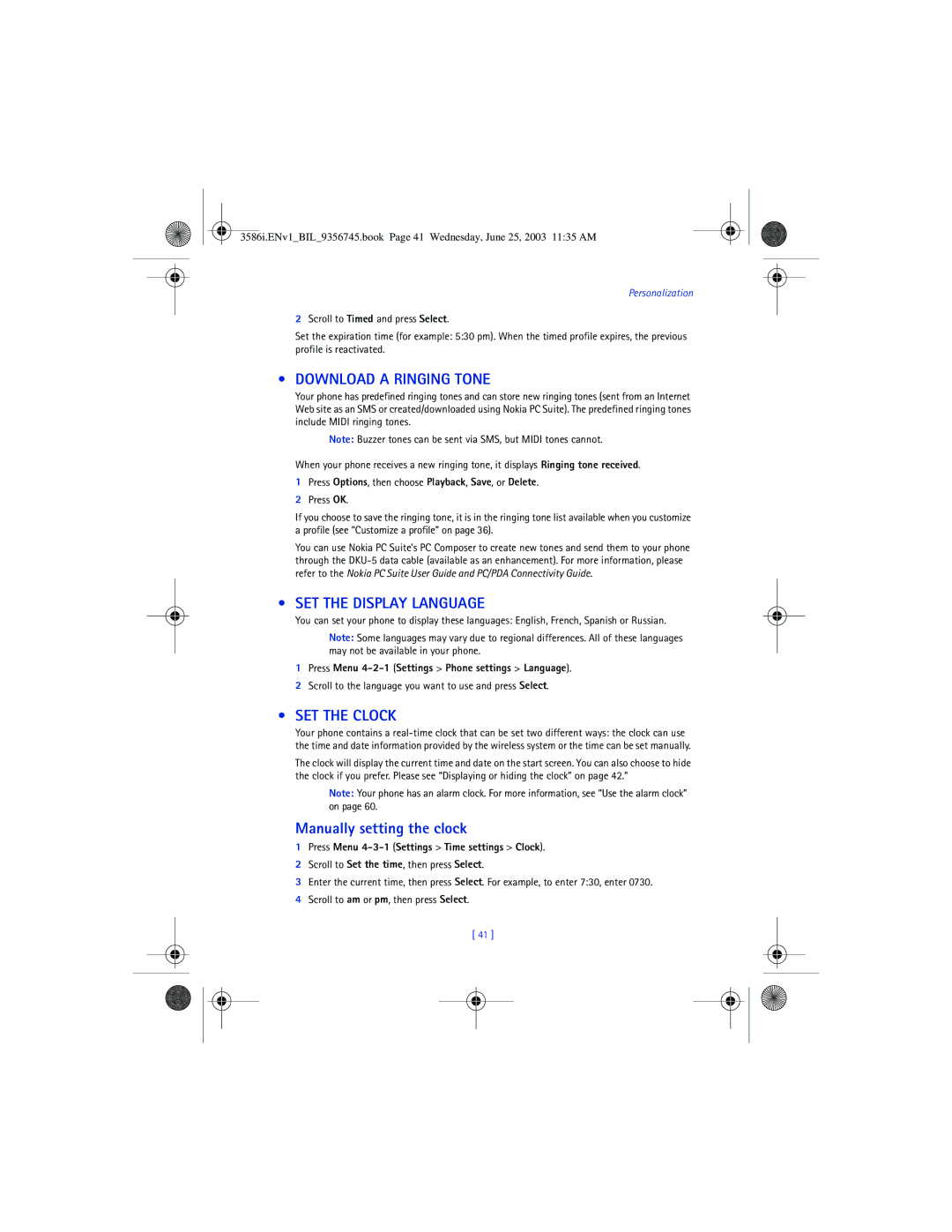 Nokia 3586I manual Download a Ringing Tone, SET the Display Language, SET the Clock, Manually setting the clock 