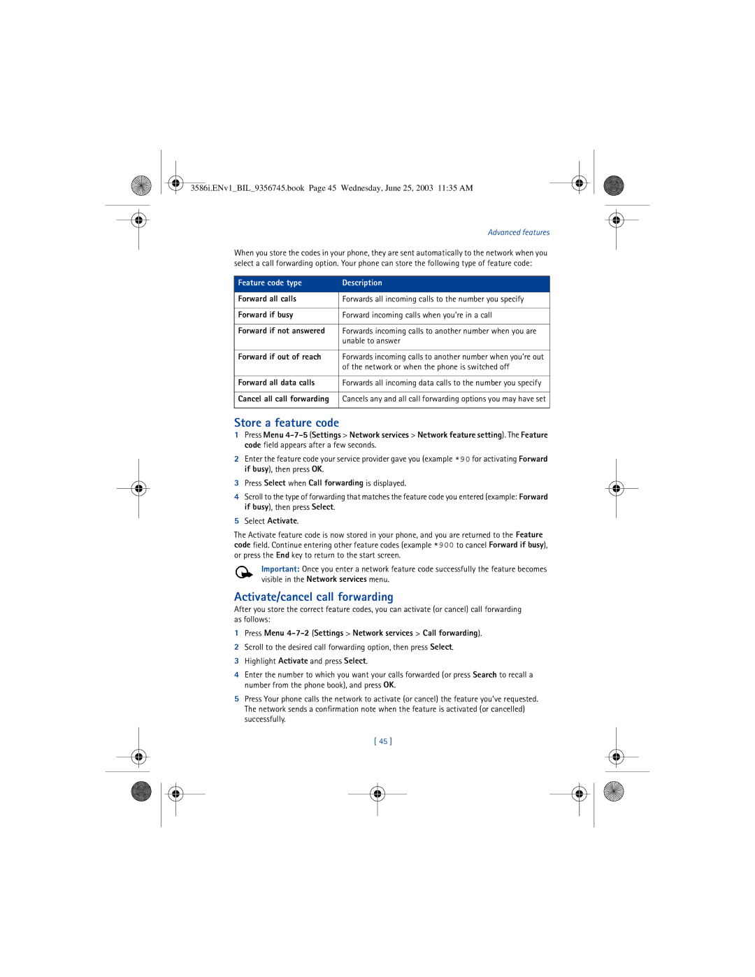 Nokia 3586I manual Store a feature code, Activate/cancel call forwarding, Feature code type Description 
