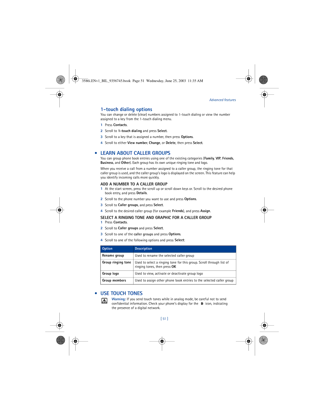 Nokia 3586I manual Touch dialing options, Learn about Caller Groups, USE Touch Tones, ADD a Number to a Caller Group 