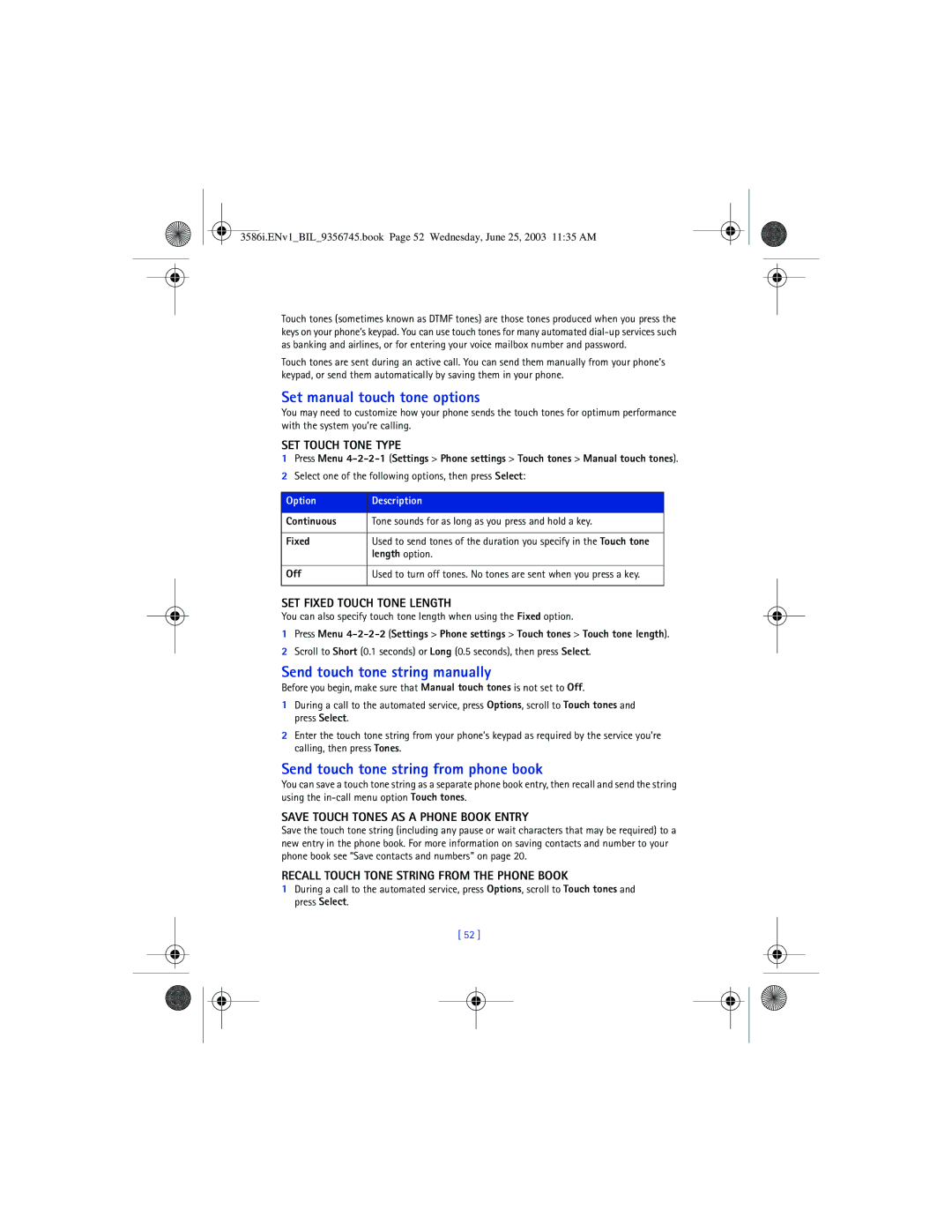Nokia 3586I Set manual touch tone options, Send touch tone string manually, Send touch tone string from phone book 