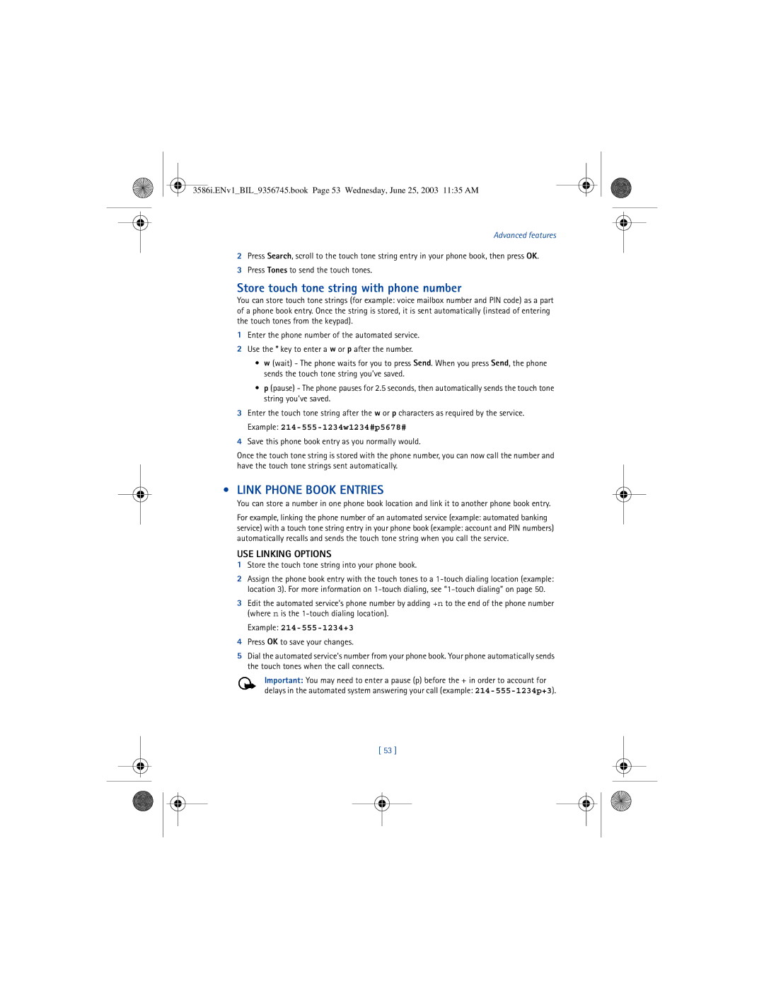 Nokia 3586I manual Store touch tone string with phone number, Link Phone Book Entries, USE Linking Options 