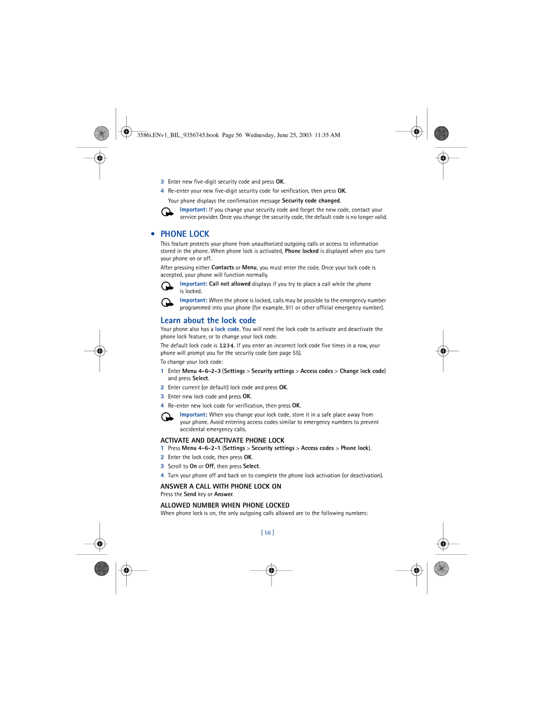 Nokia 3586I manual Learn about the lock code, Activate and Deactivate Phone Lock, Answer a Call with Phone Lock on 