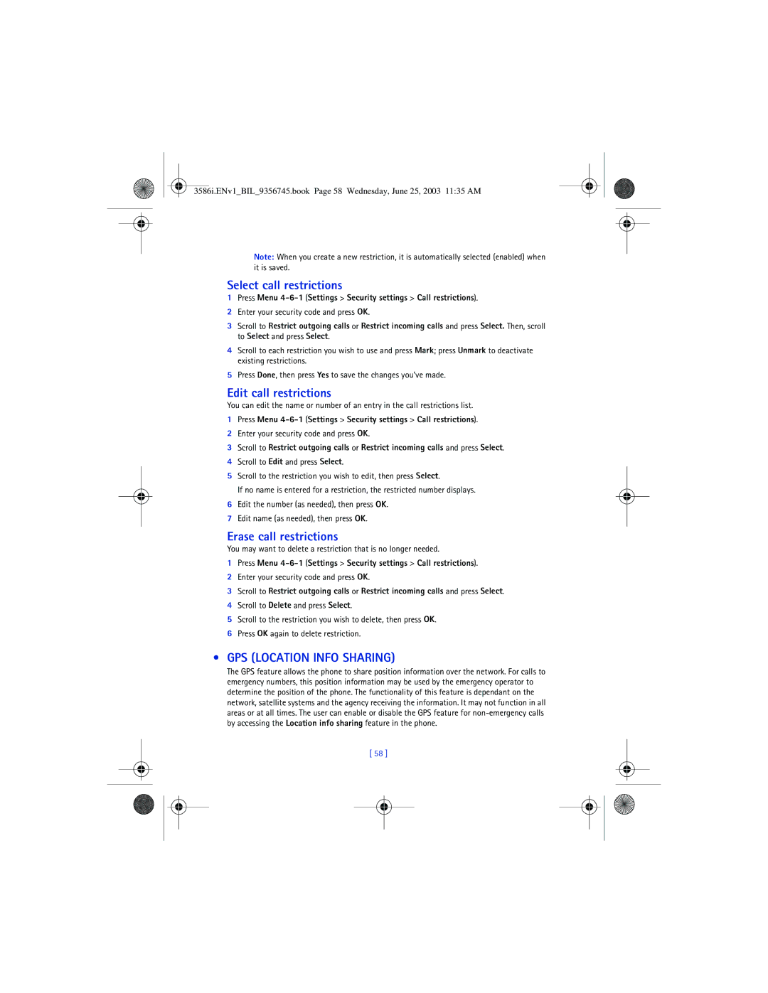 Nokia 3586I manual Select call restrictions, Edit call restrictions, Erase call restrictions, GPS Location Info Sharing 