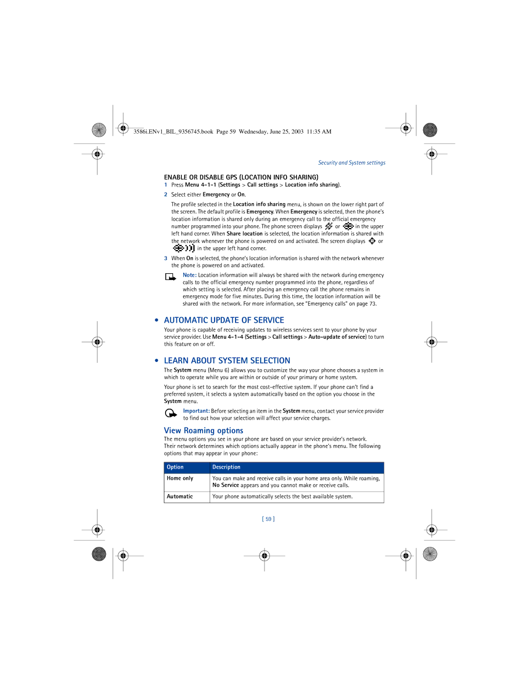 Nokia 3586I manual Automatic Update of Service, Learn about System Selection, View Roaming options 