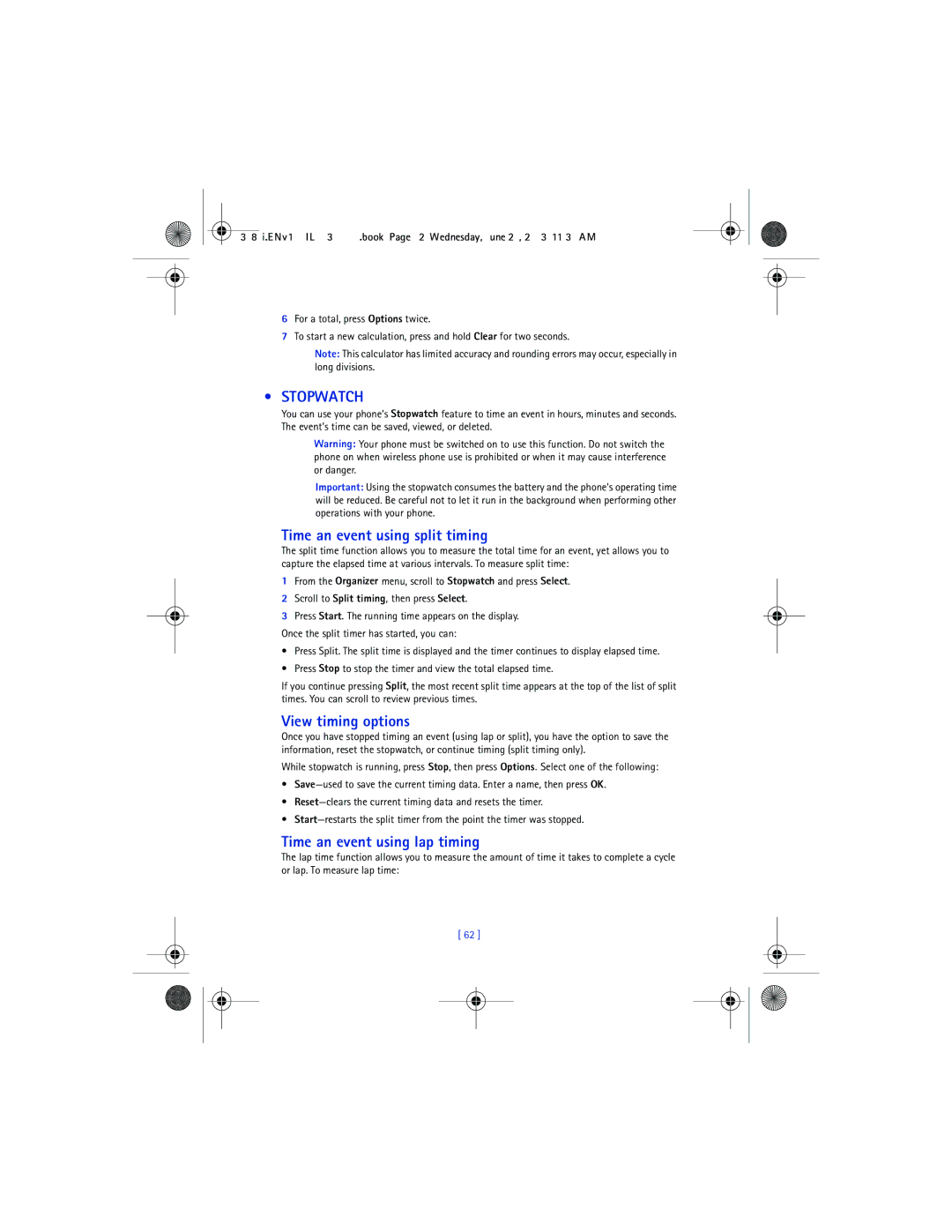 Nokia 3586I manual Stopwatch, Time an event using split timing, View timing options, Time an event using lap timing 