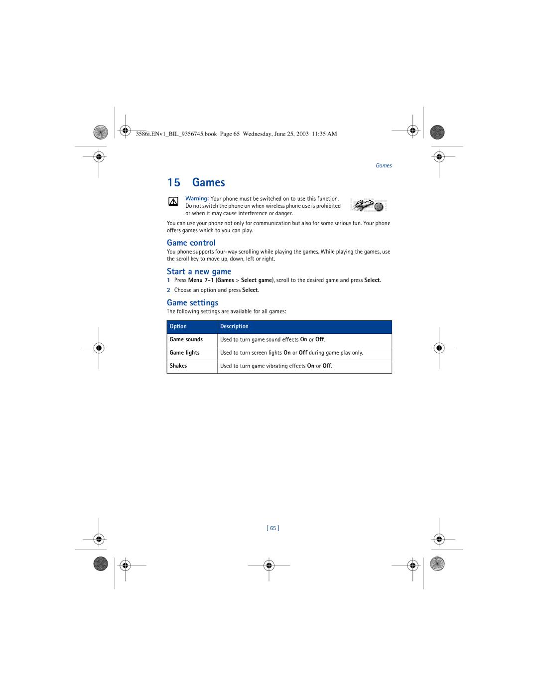 Nokia 3586I manual Games, Game control, Start a new game, Game settings 