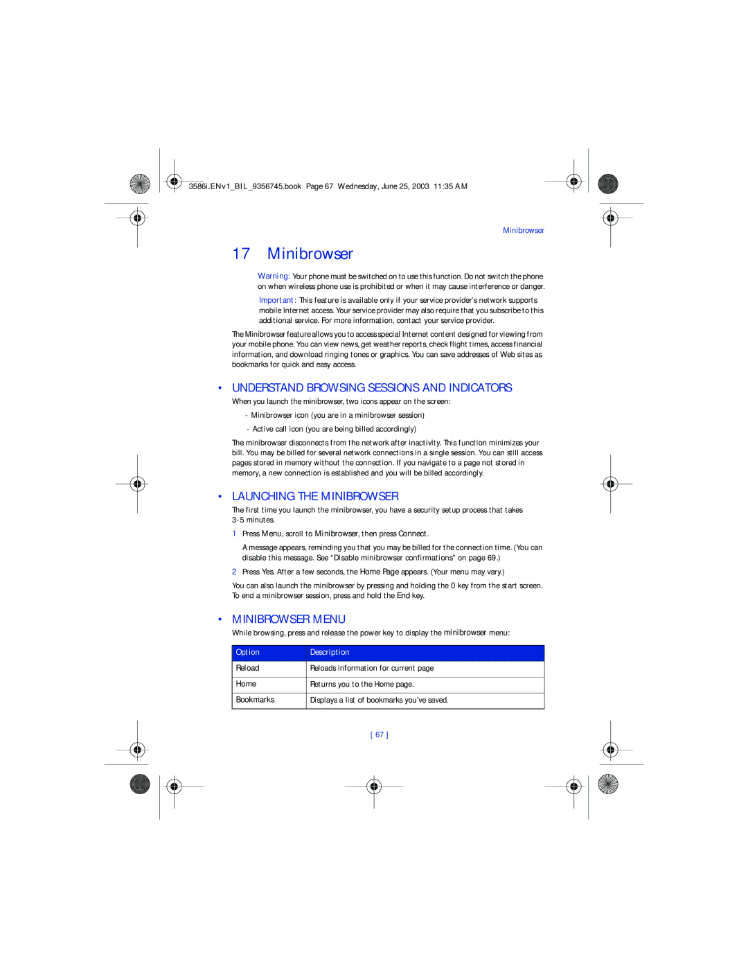 Nokia 3586I manual Understand Browsing Sessions and Indicators, Launching the Minibrowser, Minibrowser Menu 