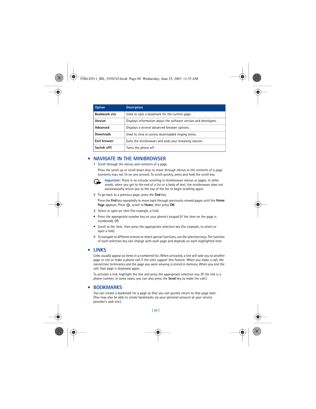 Nokia 3586I manual Navigate in the Minibrowser, Links, Bookmarks, Scroll through the menus and contents of a 