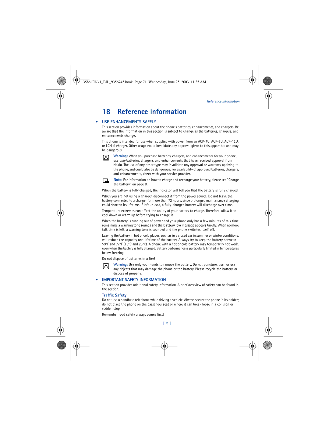 Nokia 3586I manual Reference information, USE Enhancements Safely 