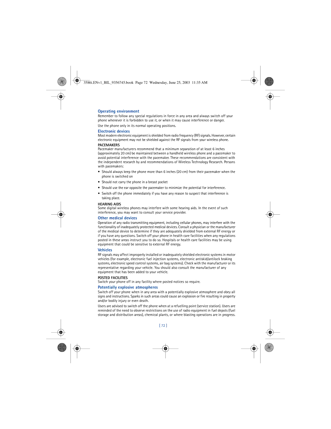 Nokia 3586I manual Operating environment, Use the phone only in its normal operating positions 