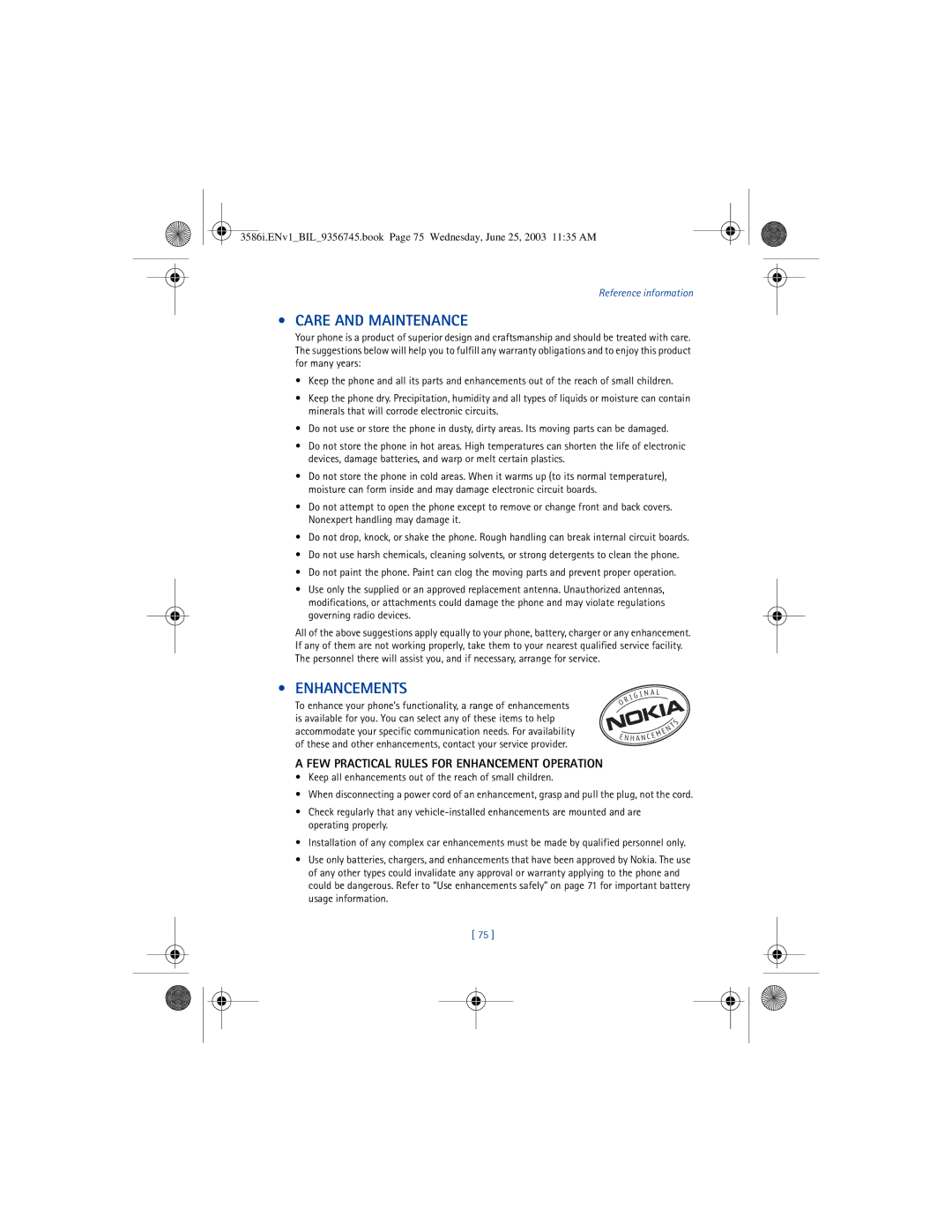 Nokia 3586I manual Care and Maintenance, Enhancements, FEW Practical Rules for Enhancement Operation 