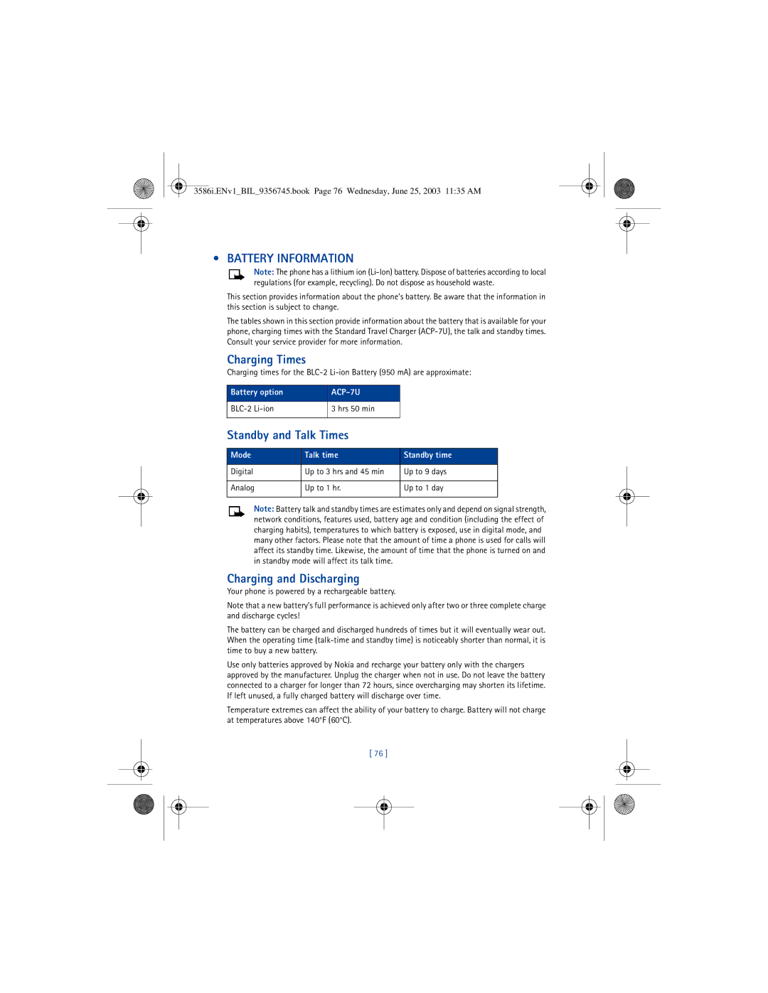 Nokia 3586I manual Battery Information, Charging Times, Standby and Talk Times, Charging and Discharging 