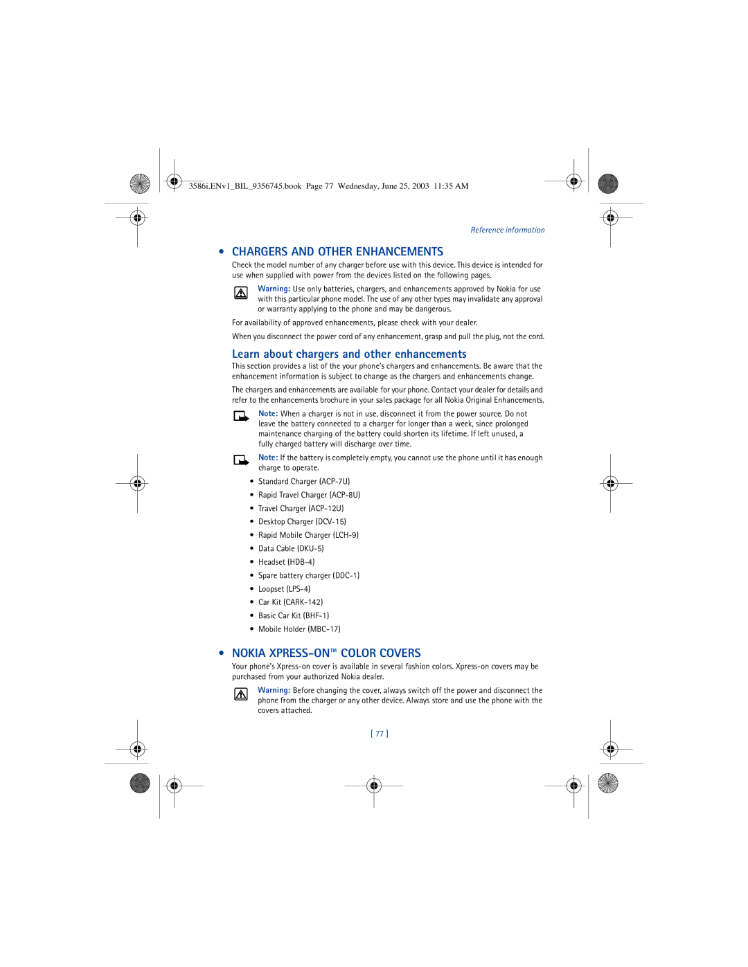 Nokia 3586I Chargers and Other Enhancements, Learn about chargers and other enhancements, Nokia XPRESS-ON Color Covers 