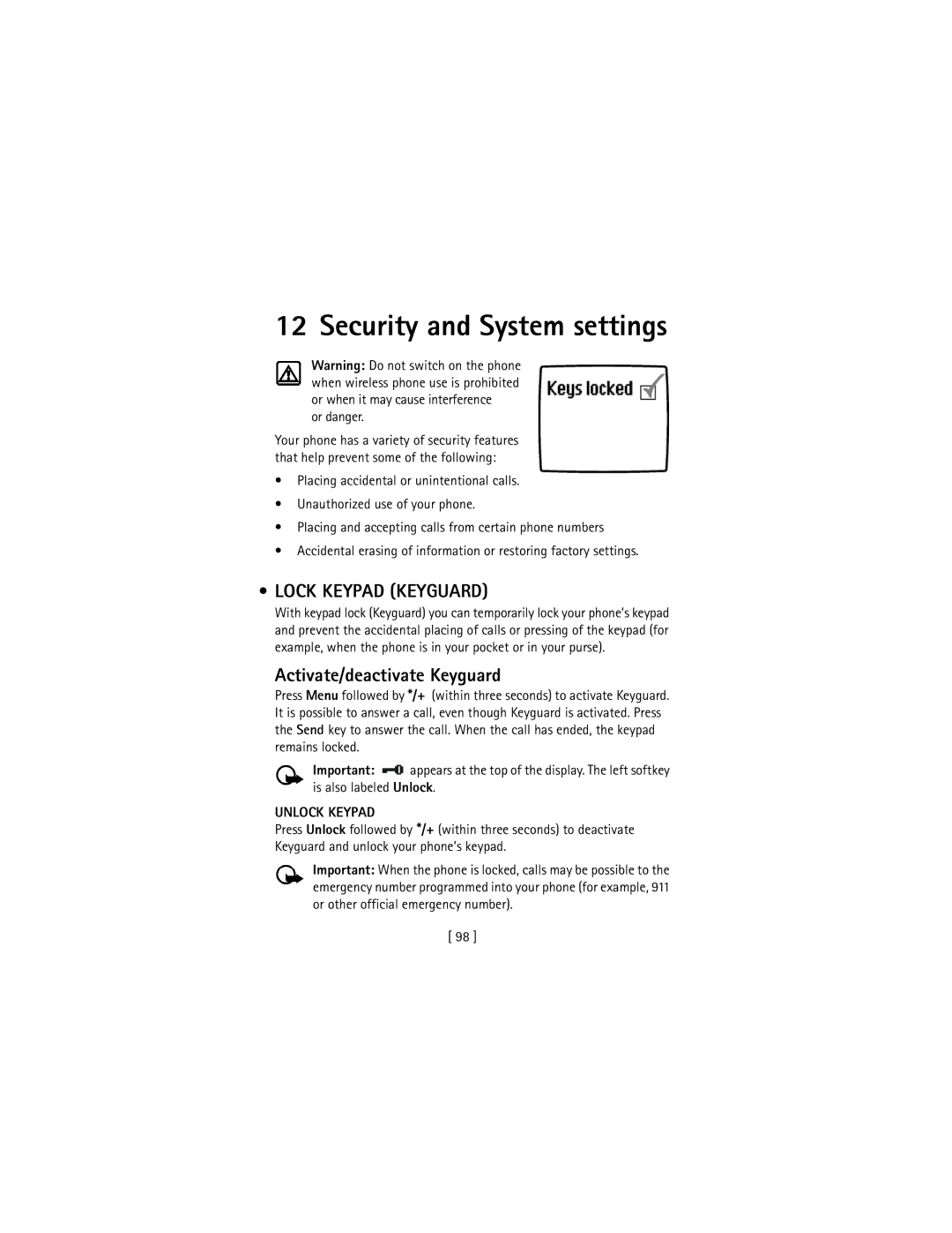 Nokia 3586I manual Security and System settings, Lock Keypad Keyguard, Activate/deactivate Keyguard, Unlock Keypad 