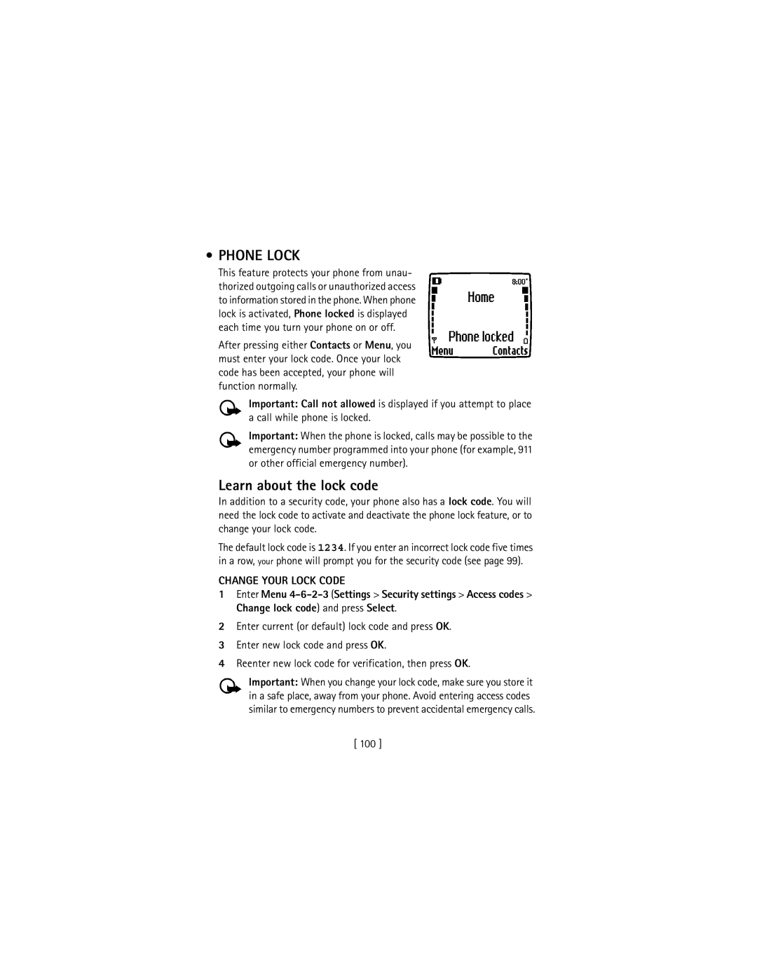 Nokia 3586I manual Phone Lock, Learn about the lock code, Change Your Lock Code, 100 