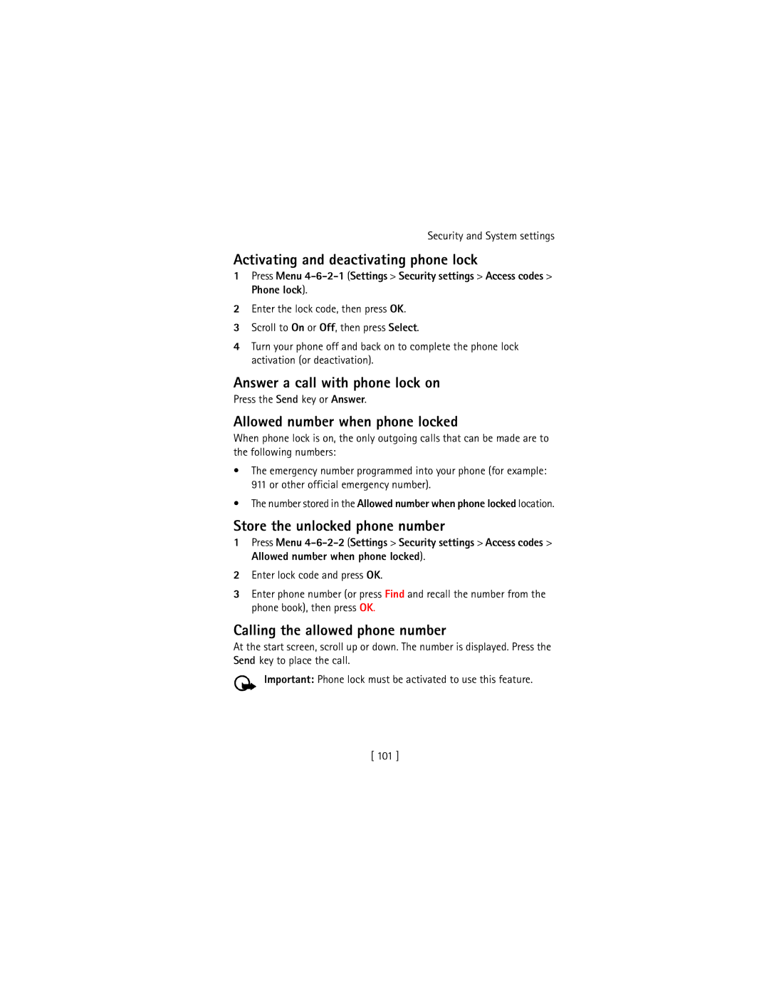 Nokia 3586I Activating and deactivating phone lock, Answer a call with phone lock on, Allowed number when phone locked 