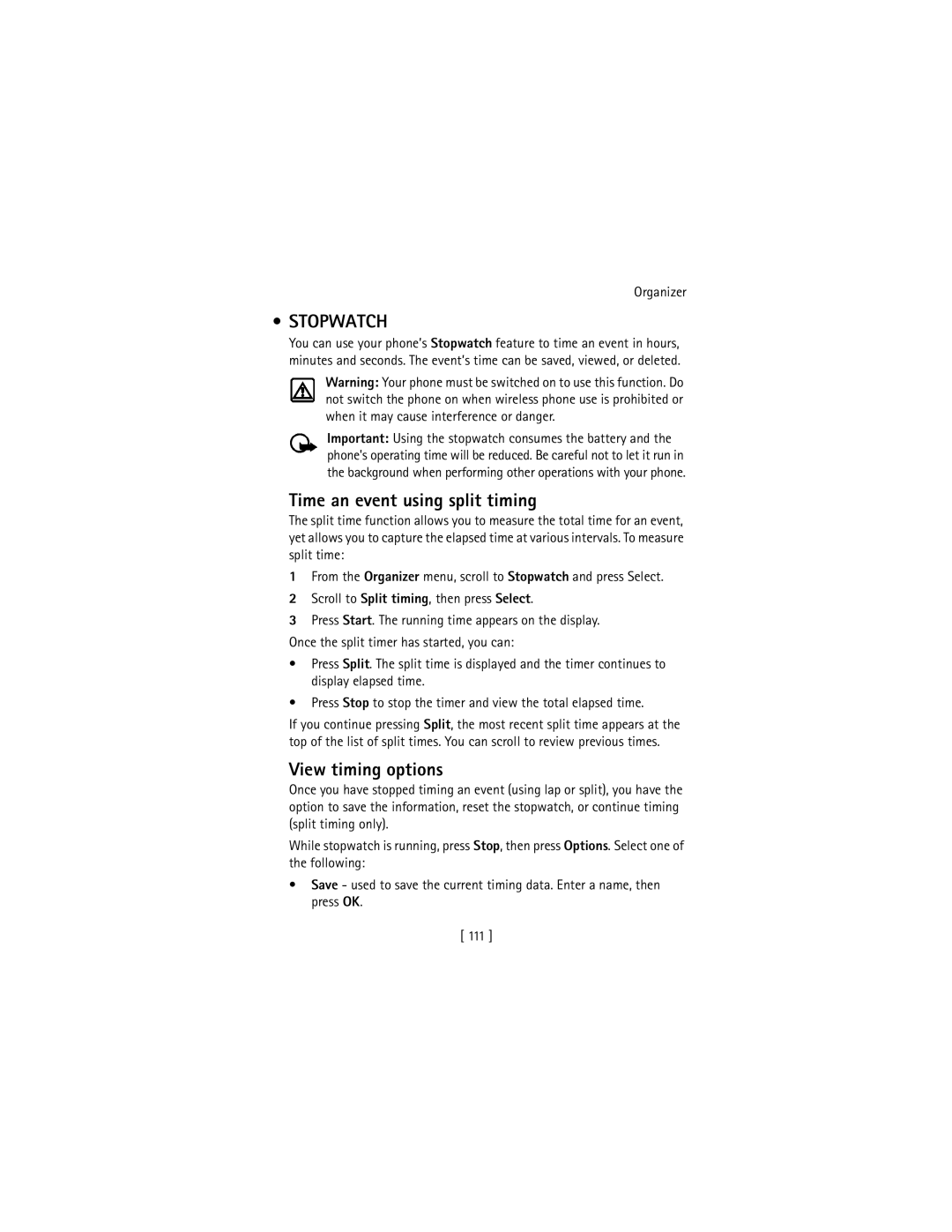 Nokia 3586I manual Stopwatch, Time an event using split timing, View timing options 