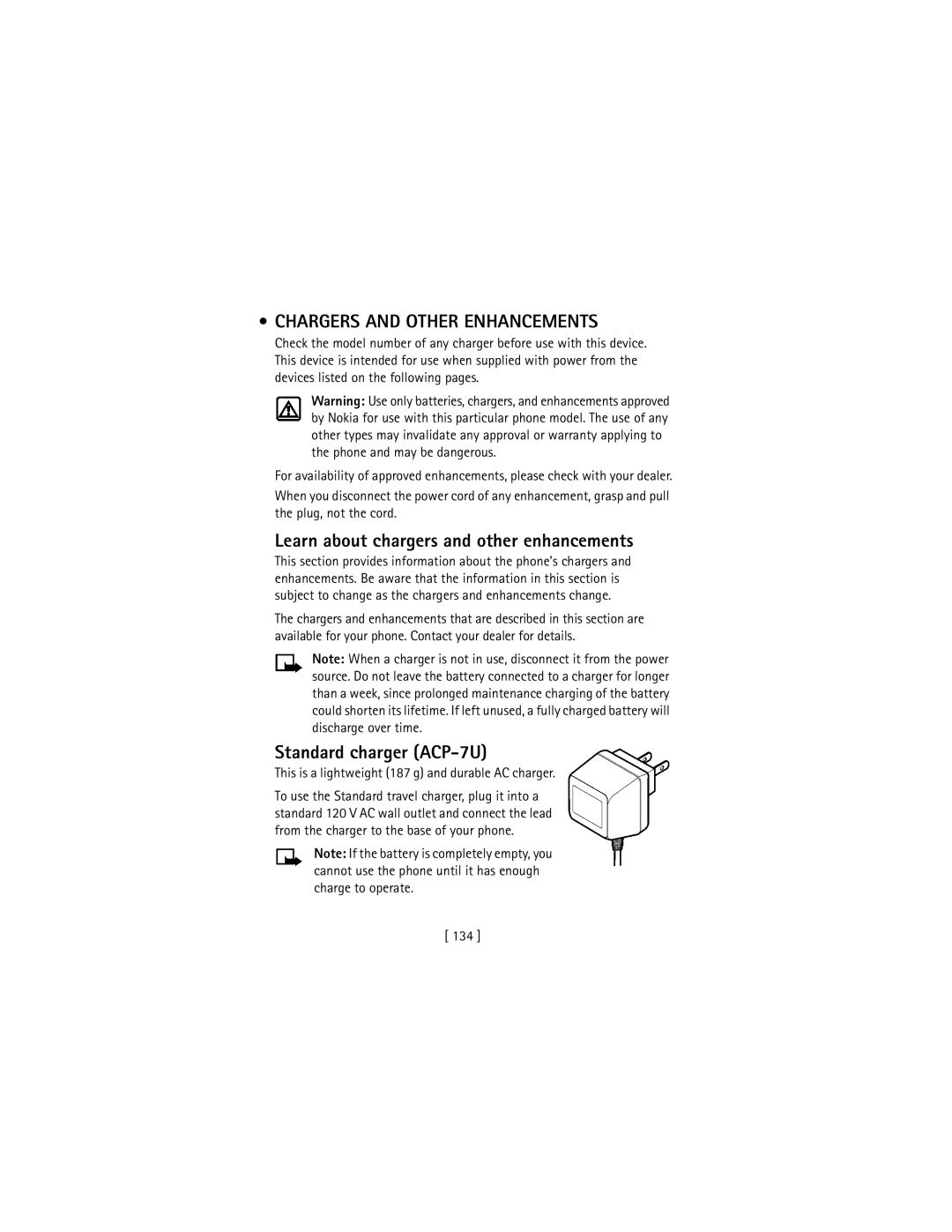 Nokia 3586I Chargers and Other Enhancements, Learn about chargers and other enhancements, Standard charger ACP-7U, 134 