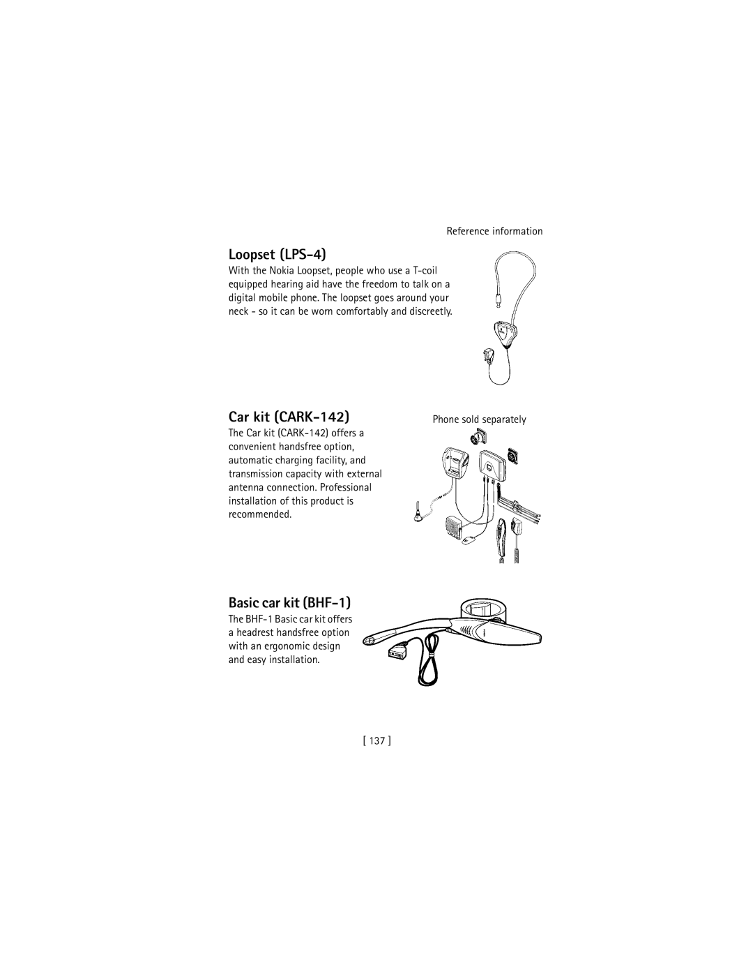 Nokia 3586I manual Loopset LPS-4, Car kit CARK-142, Basic car kit BHF-1, 137 